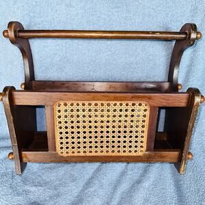 Vintage Oak Wood Woven Wicker Rattan Cane Magazine Book Vinyl Record Rack Holder